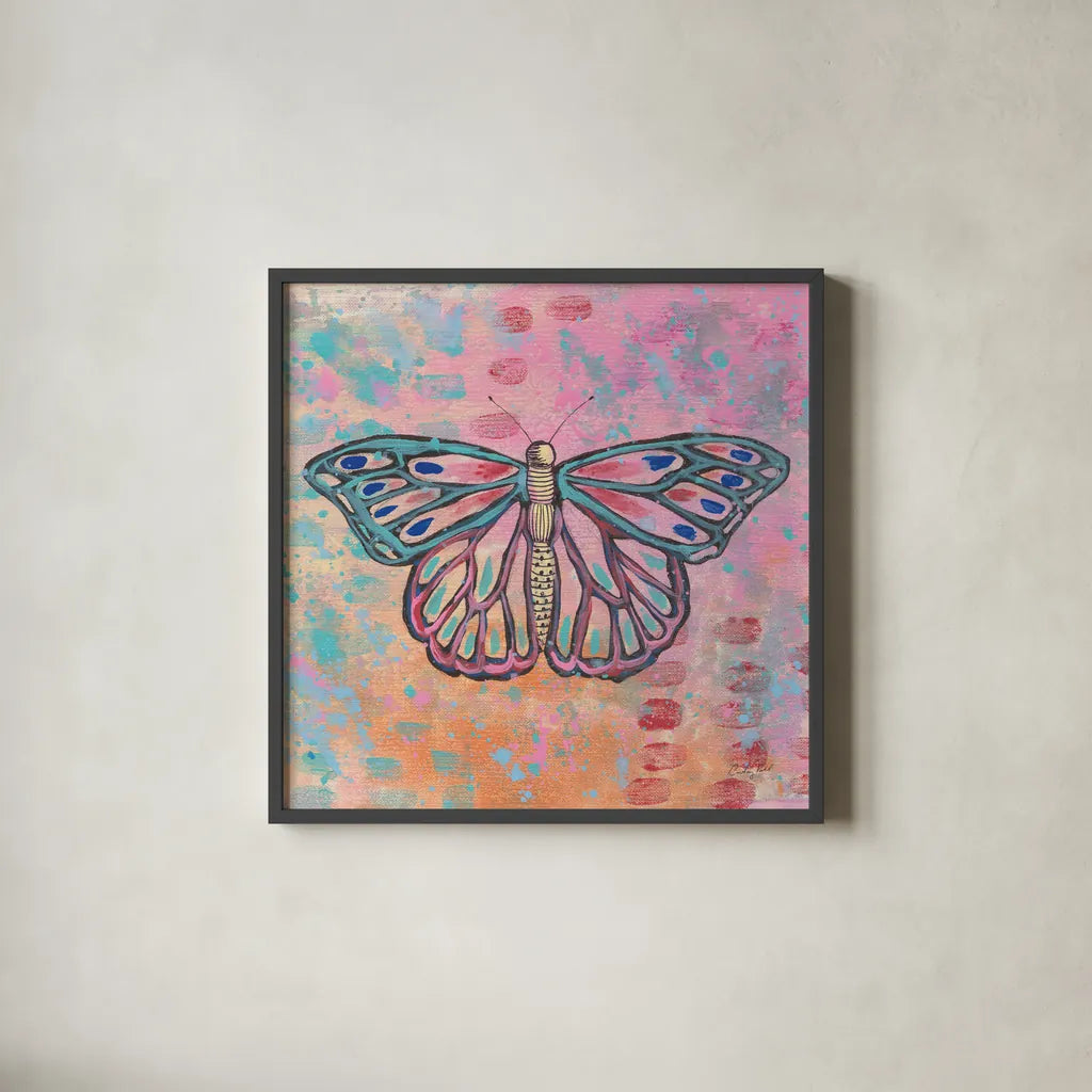 Bright Butterfly II by Courtney Prahl. Shown in a sleek black glass frame for a contemporary gallery look. Available as an archival giclee rolled canvas, fine art paper, or poster print. SKU 89305a.