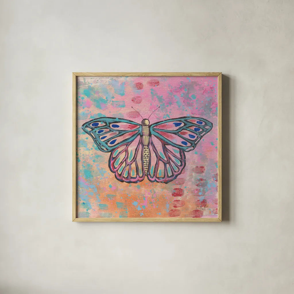Bright Butterfly II by Courtney Prahl. Shown in a natural wood glass frame for a timeless modern aesthetic. Available as an archival giclee rolled canvas, fine art paper, or poster print. SKU 89305a.