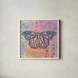 Bright Butterfly II by Courtney Prahl. Shown in a crisp white glass frame for a clean and minimalist style. Available as an archival giclee rolled canvas, fine art paper, or poster print. SKU 89305a.
