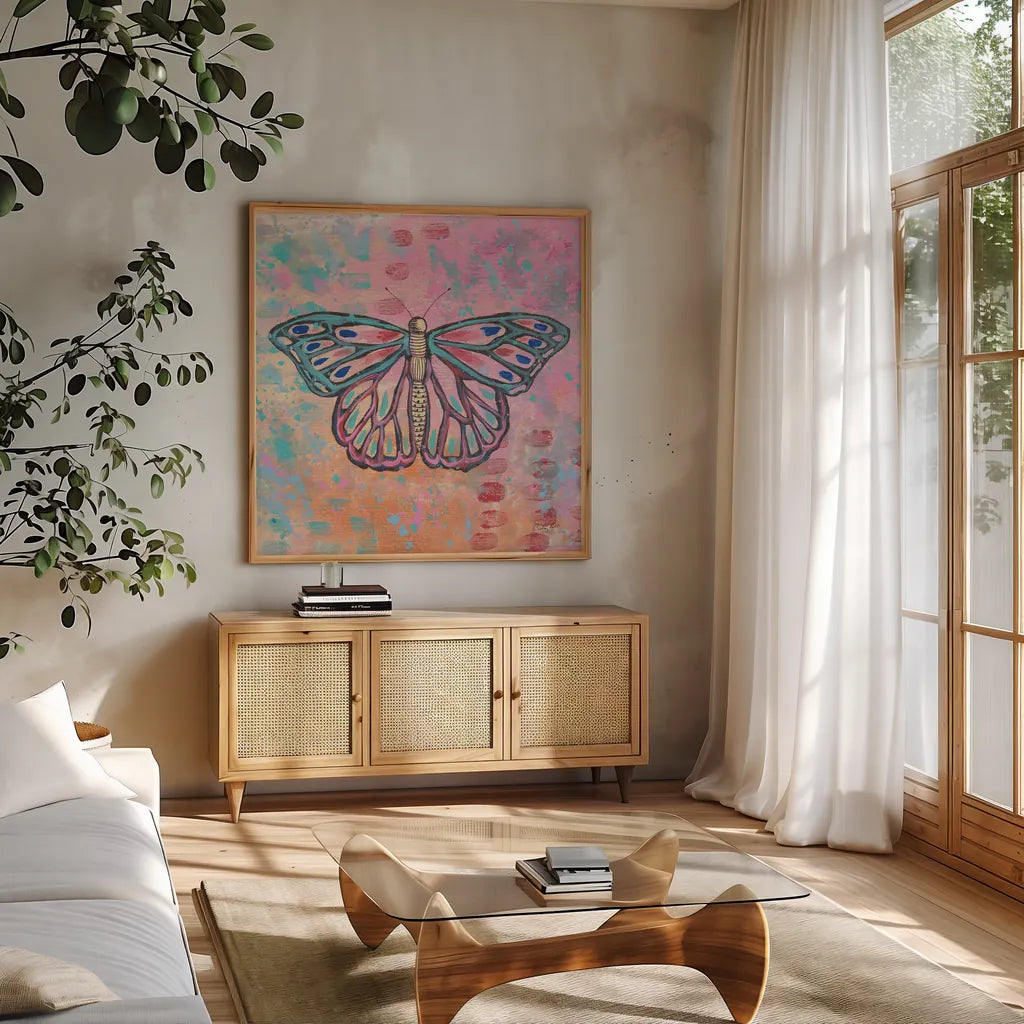 Bright Butterfly II by Courtney Prahl. Shown in a natural wood frame in a cozy modern living room. Available as an archival giclee rolled canvas, fine art paper, or poster print. SKU 89305a.