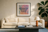 Bright Butterfly II by Courtney Prahl. Displayed in a glass frame with matte in a clean modern living room. Available as an archival giclee rolled canvas, fine art paper, or poster print. SKU 89305a.