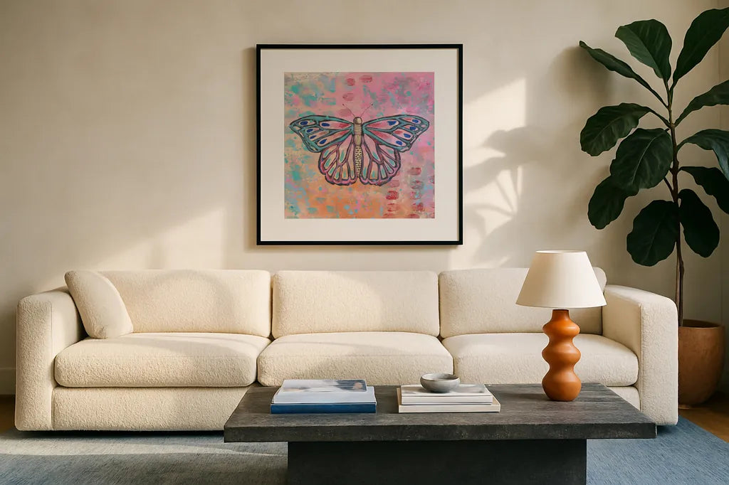 Bright Butterfly II by Courtney Prahl. Displayed in a glass frame with matte in a clean modern living room. Available as an archival giclee rolled canvas, fine art paper, or poster print. SKU 89305a.