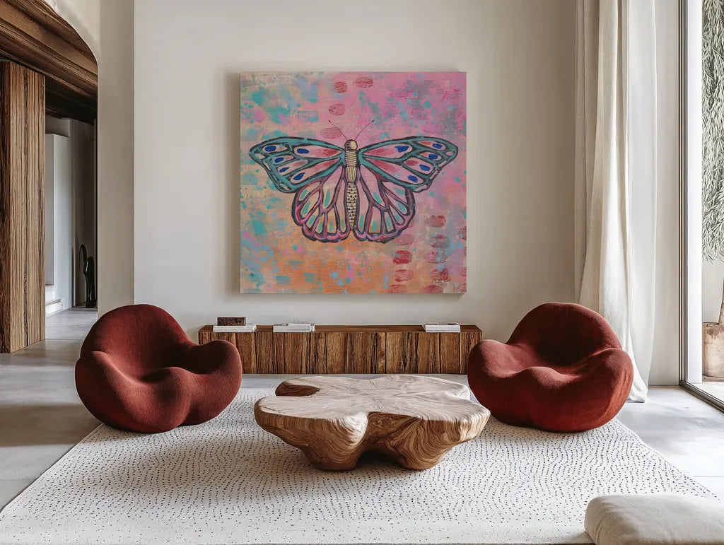 Bright Butterfly II by Courtney Prahl. Shown as extra-large giant wall art in a modern living room. Available as an archival giclee rolled canvas, fine art paper, or poster print. SKU 89305a.