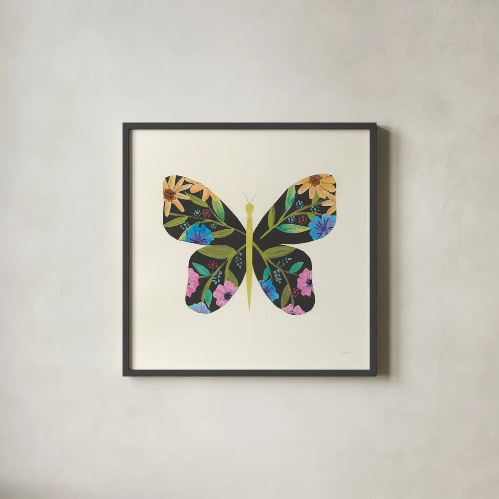 Butterfly Garden I by Courtney Prahl. Shown in a sleek black glass frame for a contemporary gallery look. Available as an archival giclee rolled canvas, fine art paper, or poster print. SKU 54368a.
