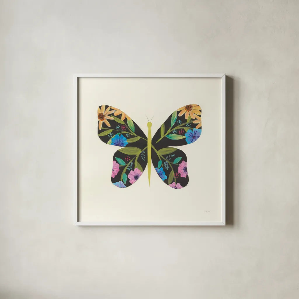 Butterfly Garden I by Courtney Prahl. Shown in a crisp white glass frame for a clean and minimalist style. Available as an archival giclee rolled canvas, fine art paper, or poster print. SKU 54368a.