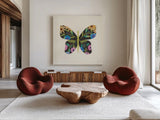 Butterfly Garden I by Courtney Prahl. Shown as extra-large giant wall art in a modern living room. Available as an archival giclee rolled canvas, fine art paper, or poster print. SKU 54368a.