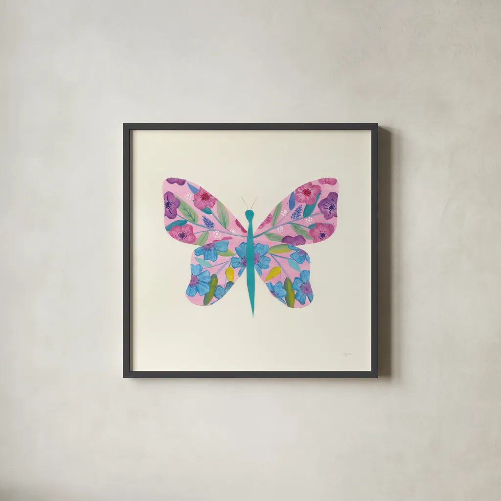 Butterfly Garden II by Courtney Prahl. Shown in a sleek black glass frame for a contemporary gallery look. Available as an archival giclee rolled canvas, fine art paper, or poster print. SKU 54369a.