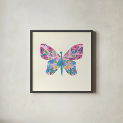 Butterfly Garden II by Courtney Prahl. Shown in a sleek black glass frame for a contemporary gallery look. Available as an archival giclee rolled canvas, fine art paper, or poster print. SKU 54369a.