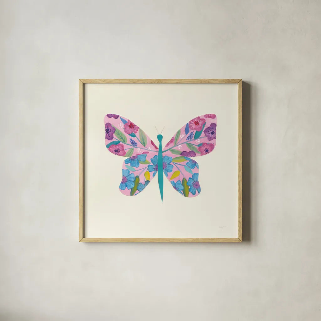 Butterfly Garden II by Courtney Prahl. Shown in a natural wood glass frame for a timeless modern aesthetic. Available as an archival giclee rolled canvas, fine art paper, or poster print. SKU 54369a.