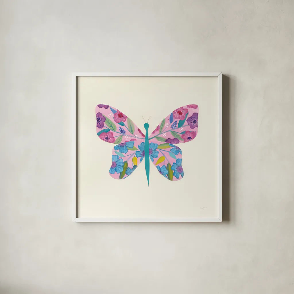 Butterfly Garden II by Courtney Prahl. Shown in a crisp white glass frame for a clean and minimalist style. Available as an archival giclee rolled canvas, fine art paper, or poster print. SKU 54369a.