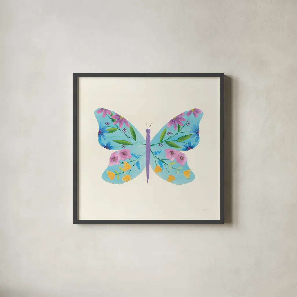 Butterfly Garden IV by Courtney Prahl. Shown in a sleek black glass frame for a contemporary gallery look. Available as an archival giclee rolled canvas, fine art paper, or poster print. SKU 54371a.