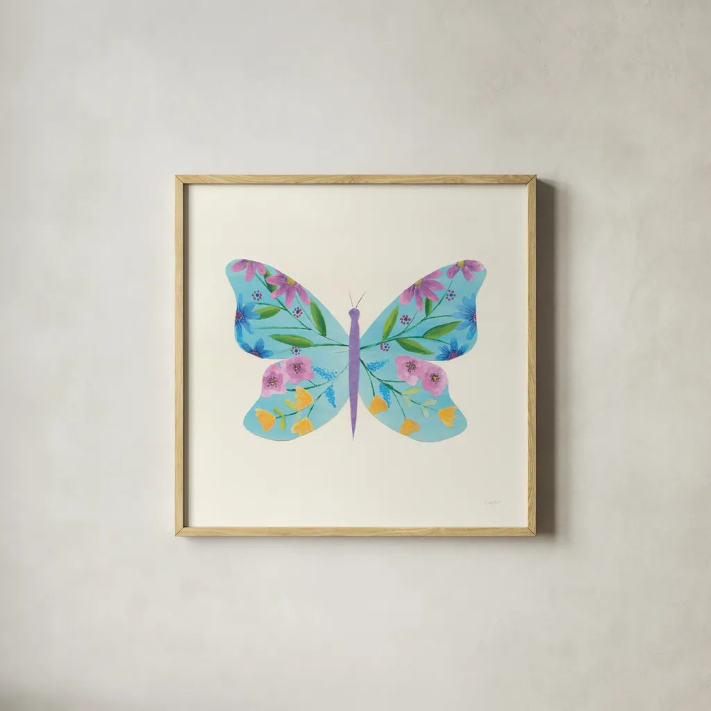 Butterfly Garden IV by Courtney Prahl. Shown in a natural wood glass frame for a timeless modern aesthetic. Available as an archival giclee rolled canvas, fine art paper, or poster print. SKU 54371a.