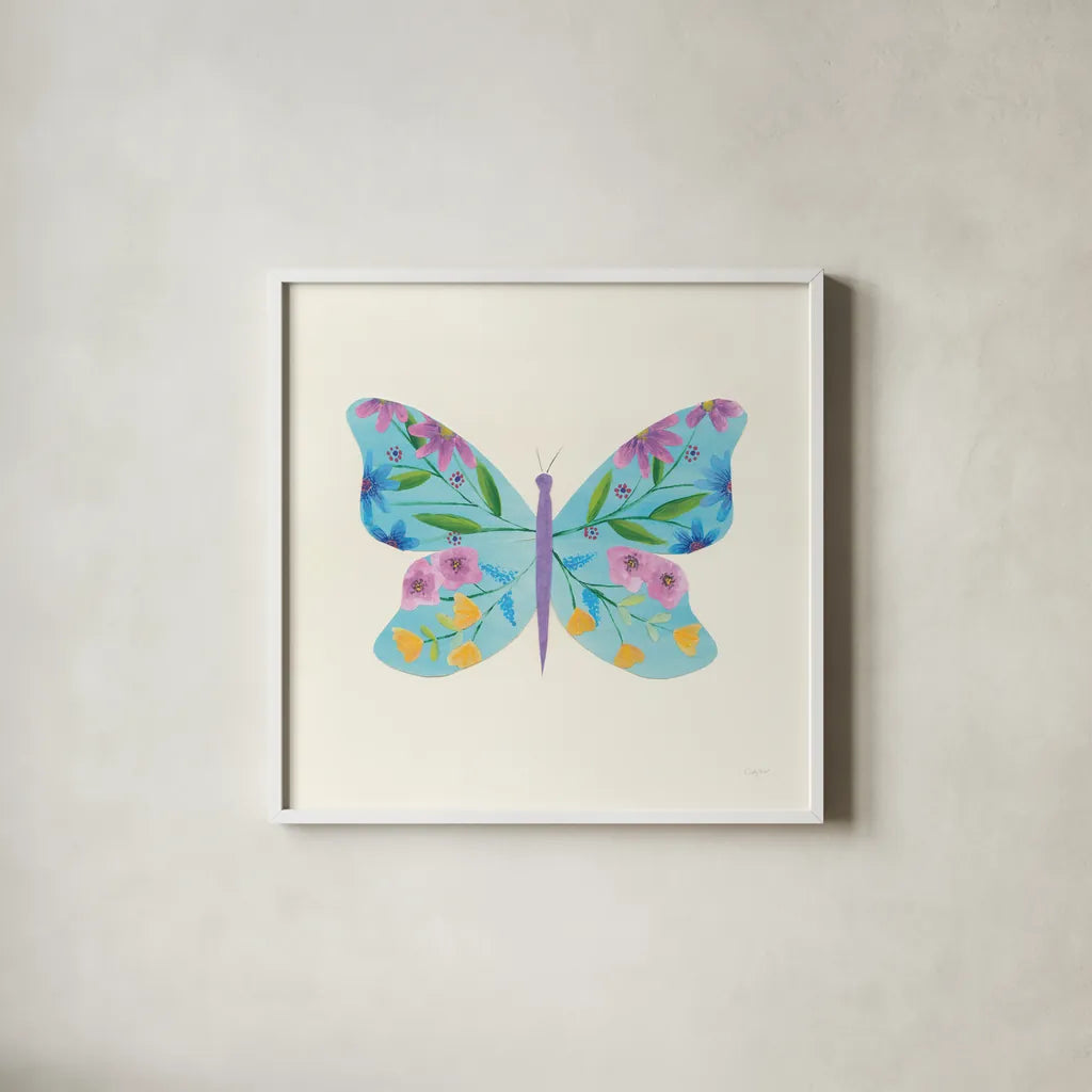Butterfly Garden IV by Courtney Prahl. Shown in a crisp white glass frame for a clean and minimalist style. Available as an archival giclee rolled canvas, fine art paper, or poster print. SKU 54371a.