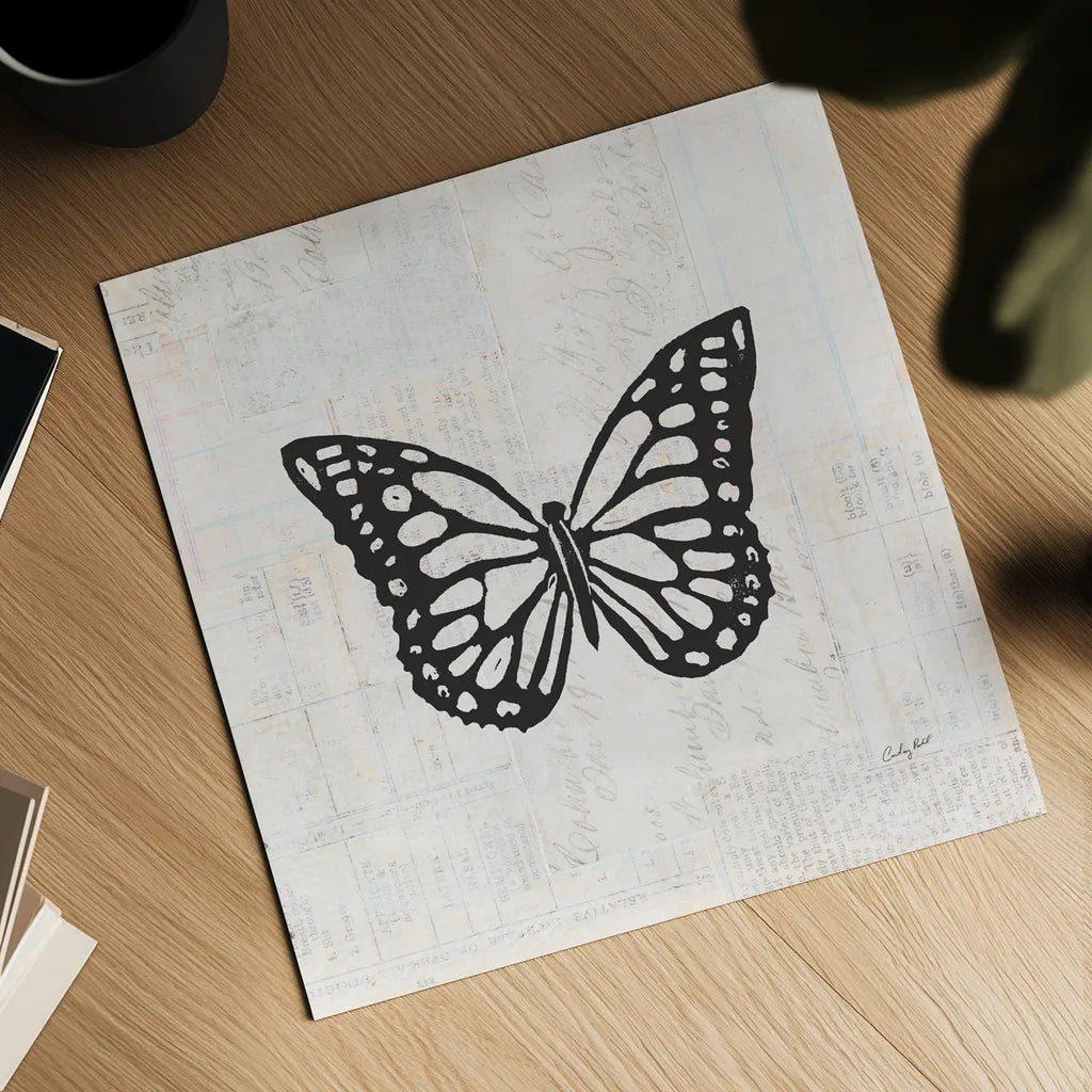 Butterfly Stamp BW by Courtney Prahl. Shown as a detailed flat fine art print, highlighting archival giclee quality. Available as an archival giclee rolled canvas, fine art paper, or poster print. SKU 54279a.