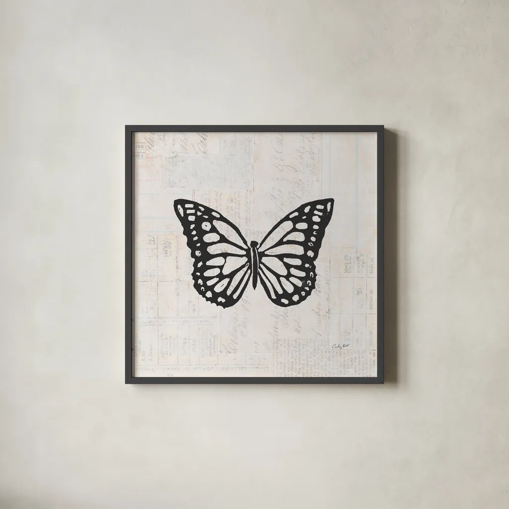 Butterfly Stamp BW by Courtney Prahl. Shown in a sleek black glass frame for a contemporary gallery look. Available as an archival giclee rolled canvas, fine art paper, or poster print. SKU 54279a.
