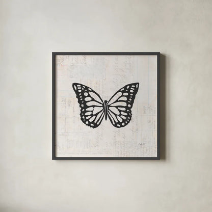 Butterfly Stamp BW by Courtney Prahl. Shown in a sleek black glass frame for a contemporary gallery look. Available as an archival giclee rolled canvas, fine art paper, or poster print. SKU 54279a.