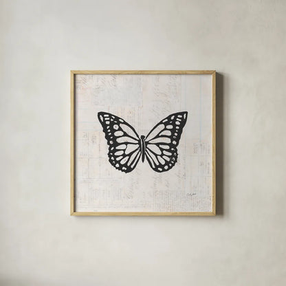 Butterfly Stamp BW by Courtney Prahl. Shown in a natural wood glass frame for a timeless modern aesthetic. Available as an archival giclee rolled canvas, fine art paper, or poster print. SKU 54279a.