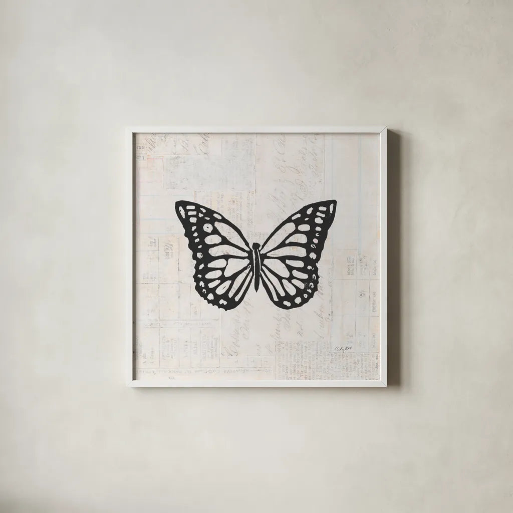 Butterfly Stamp BW by Courtney Prahl. Shown in a crisp white glass frame for a clean and minimalist style. Available as an archival giclee rolled canvas, fine art paper, or poster print. SKU 54279a.