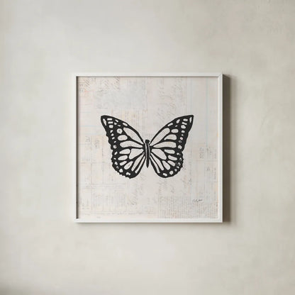 Butterfly Stamp BW by Courtney Prahl. Shown in a crisp white glass frame for a clean and minimalist style. Available as an archival giclee rolled canvas, fine art paper, or poster print. SKU 54279a.