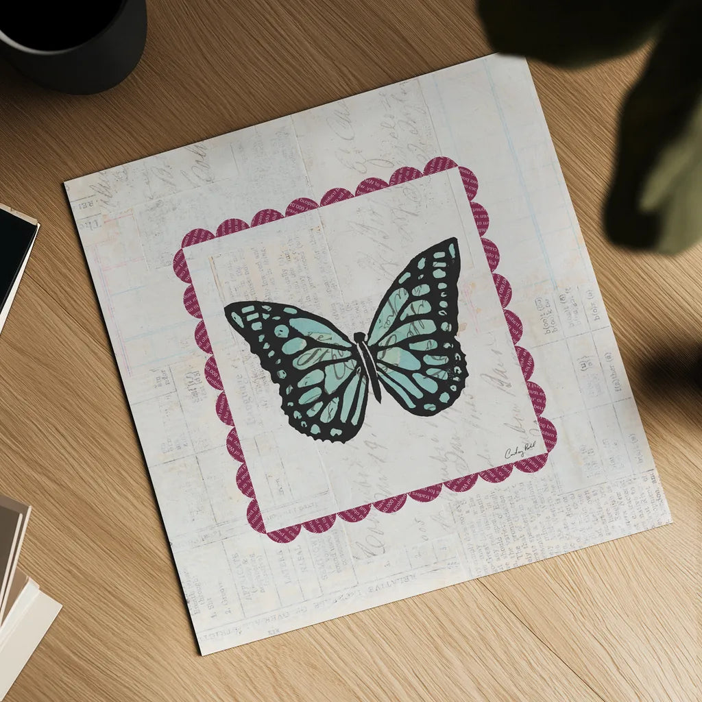 Butterfly Stamp Bright by Courtney Prahl. Shown as a detailed flat fine art print, highlighting archival giclee quality. Available as an archival giclee rolled canvas, fine art paper, or poster print. SKU 42869a.