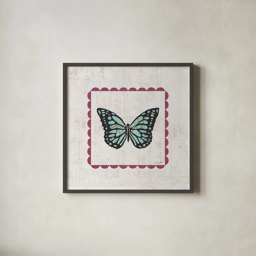 Butterfly Stamp Bright by Courtney Prahl. Shown in a sleek black glass frame for a contemporary gallery look. Available as an archival giclee rolled canvas, fine art paper, or poster print. SKU 42869a.