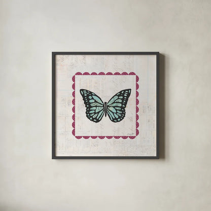 Butterfly Stamp Bright by Courtney Prahl. Shown in a sleek black glass frame for a contemporary gallery look. Available as an archival giclee rolled canvas, fine art paper, or poster print. SKU 42869a.