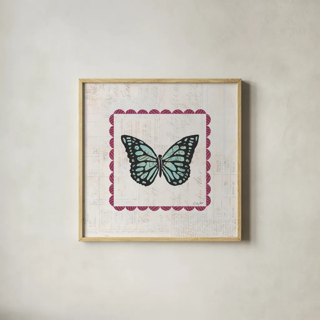 Butterfly Stamp Bright by Courtney Prahl. Shown in a natural wood glass frame for a timeless modern aesthetic. Available as an archival giclee rolled canvas, fine art paper, or poster print. SKU 42869a.