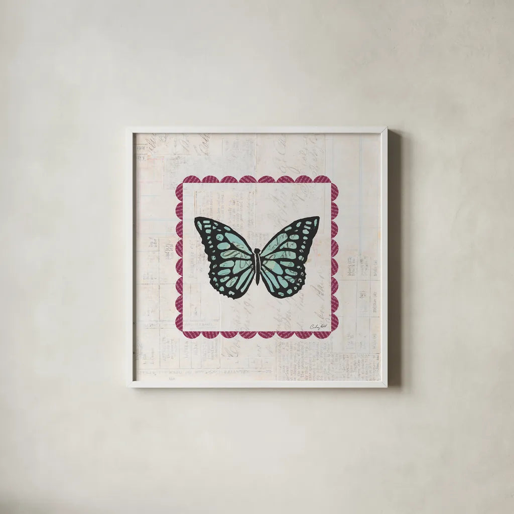 Butterfly Stamp Bright by Courtney Prahl. Shown in a crisp white glass frame for a clean and minimalist style. Available as an archival giclee rolled canvas, fine art paper, or poster print. SKU 42869a.