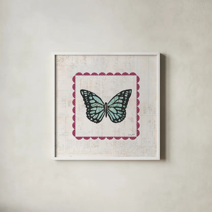 Butterfly Stamp Bright by Courtney Prahl. Shown in a crisp white glass frame for a clean and minimalist style. Available as an archival giclee rolled canvas, fine art paper, or poster print. SKU 42869a.