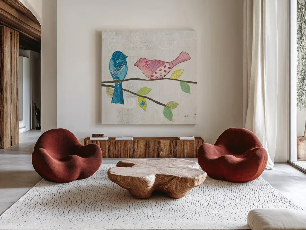 Catching Up V by Courtney Prahl. Shown as extra-large giant wall art in a modern living room. Available as an archival giclee rolled canvas, fine art paper, or poster print. SKU 25505a.