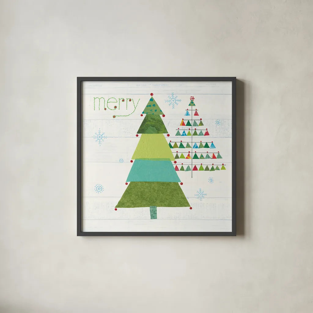 Christmas Patchwork I by Courtney Prahl. Shown in a sleek black glass frame for a contemporary gallery look. Available as an archival giclee rolled canvas, fine art paper, or poster print. SKU 38466a.