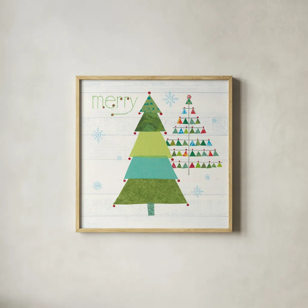 Christmas Patchwork I by Courtney Prahl. Shown in a natural wood glass frame for a timeless modern aesthetic. Available as an archival giclee rolled canvas, fine art paper, or poster print. SKU 38466a.