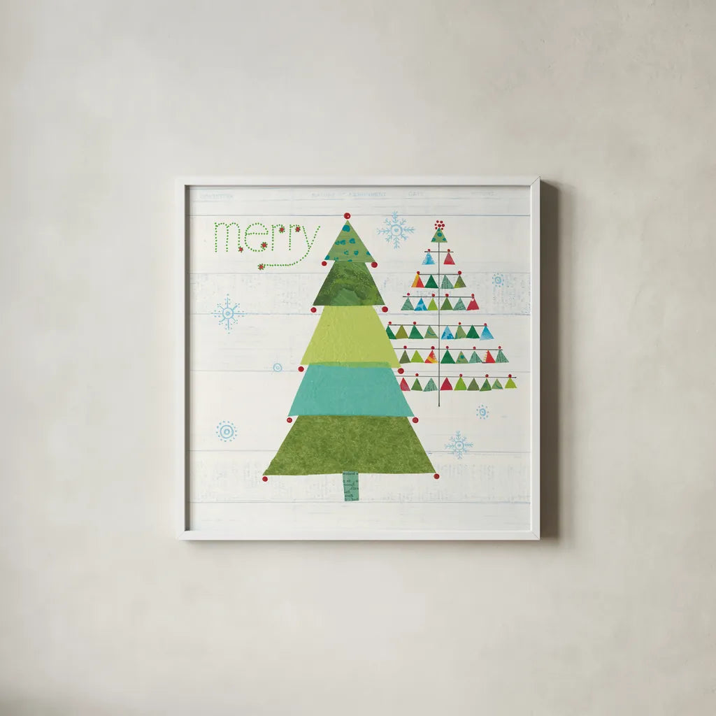 Christmas Patchwork I by Courtney Prahl. Shown in a crisp white glass frame for a clean and minimalist style. Available as an archival giclee rolled canvas, fine art paper, or poster print. SKU 38466a.