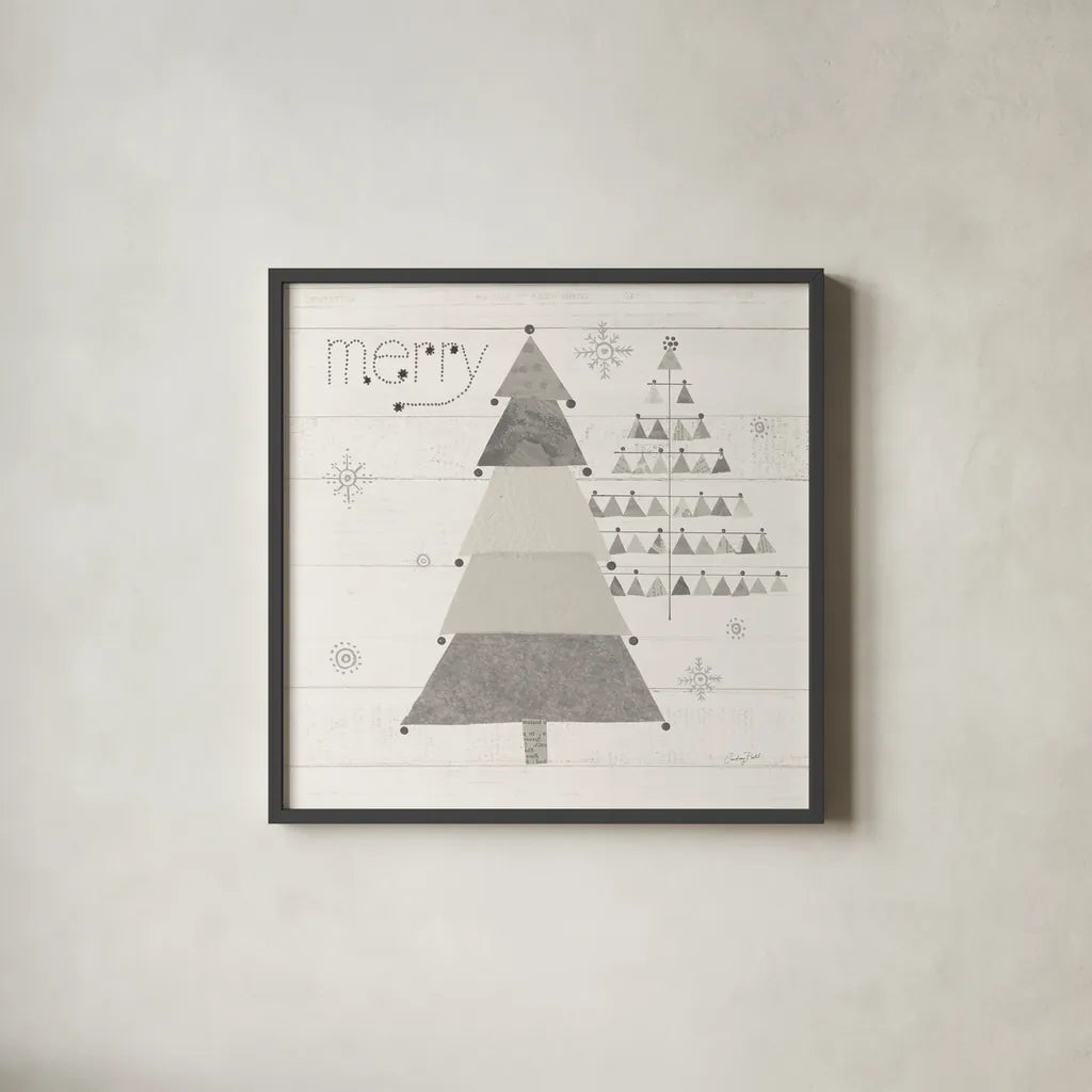 Christmas Patchwork I Neutral by Courtney Prahl. Shown in a sleek black glass frame for a contemporary gallery look. Available as an archival giclee rolled canvas, fine art paper, or poster print. SKU 39811a.