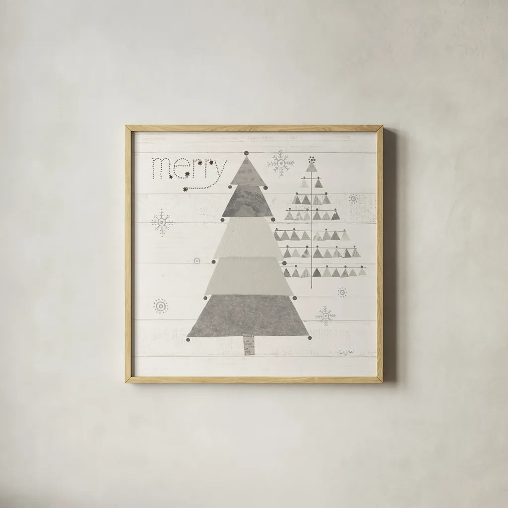 Christmas Patchwork I Neutral by Courtney Prahl. Shown in a natural wood glass frame for a timeless modern aesthetic. Available as an archival giclee rolled canvas, fine art paper, or poster print. SKU 39811a.