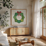 Christmas Patchwork II by Courtney Prahl. Shown in a natural wood frame in a cozy modern living room. Available as an archival giclee rolled canvas, fine art paper, or poster print. SKU 38467a.