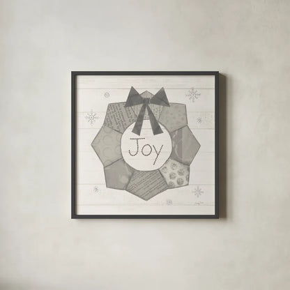 Christmas Patchwork II Neutral by Courtney Prahl. Shown in a sleek black glass frame for a contemporary gallery look. Available as an archival giclee rolled canvas, fine art paper, or poster print. SKU 39812a.