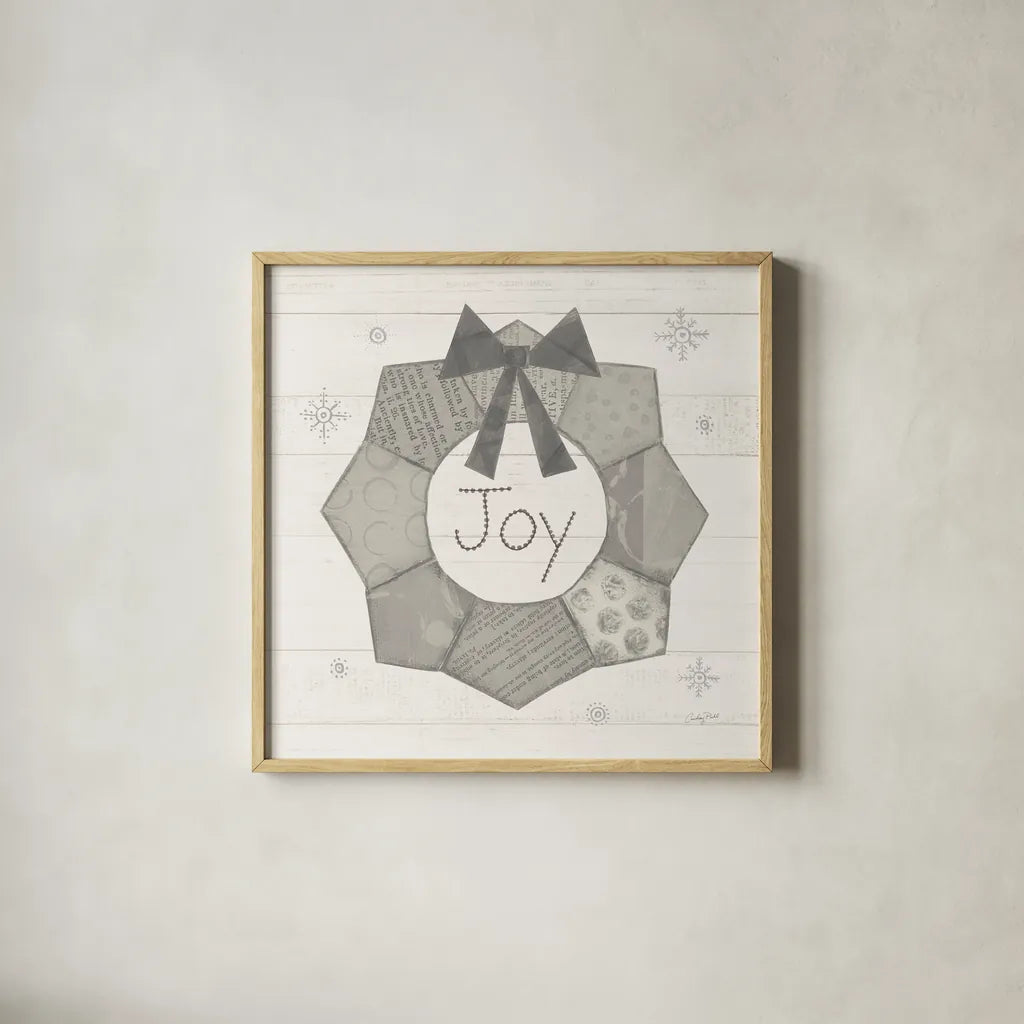 Christmas Patchwork II Neutral by Courtney Prahl. Shown in a natural wood glass frame for a timeless modern aesthetic. Available as an archival giclee rolled canvas, fine art paper, or poster print. SKU 39812a.