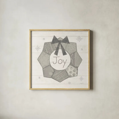 Christmas Patchwork II Neutral by Courtney Prahl. Shown in a natural wood glass frame for a timeless modern aesthetic. Available as an archival giclee rolled canvas, fine art paper, or poster print. SKU 39812a.