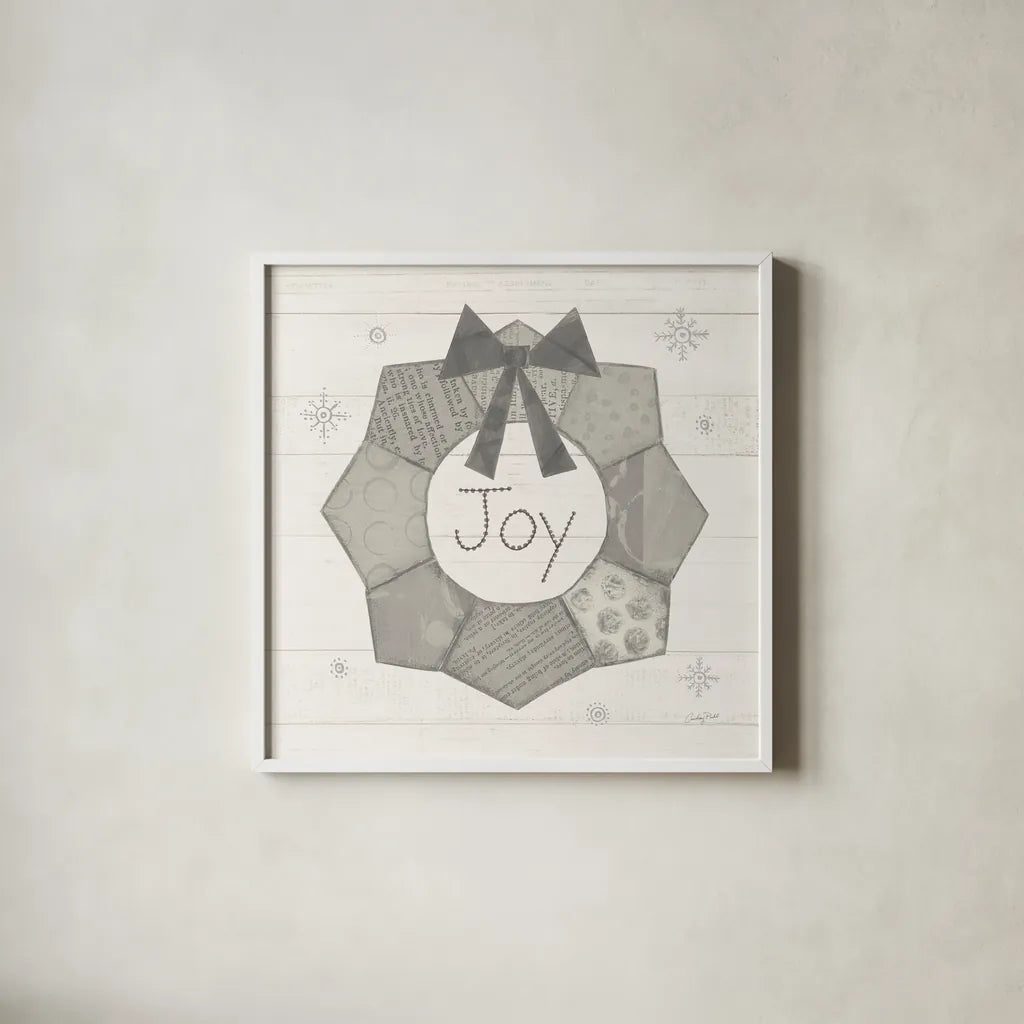 Christmas Patchwork II Neutral by Courtney Prahl. Shown in a crisp white glass frame for a clean and minimalist style. Available as an archival giclee rolled canvas, fine art paper, or poster print. SKU 39812a.