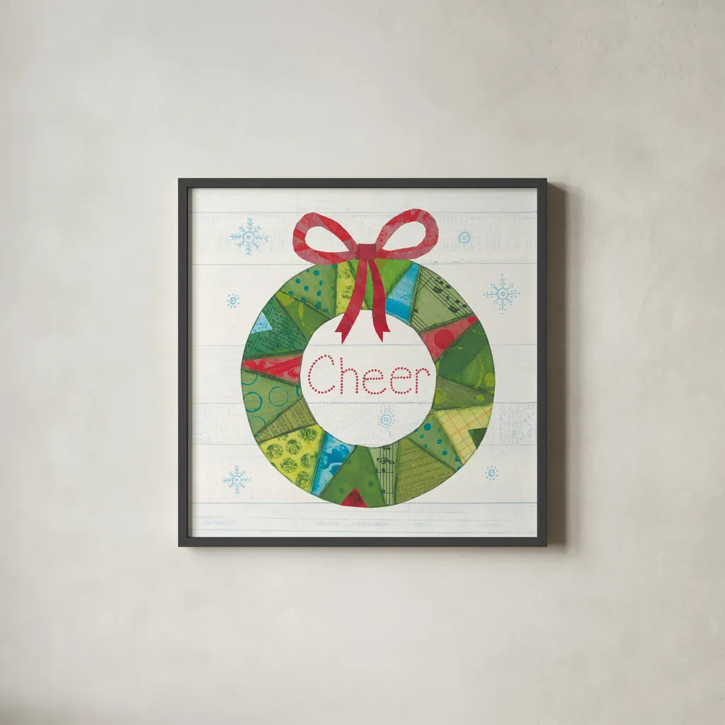 Christmas Patchwork III by Courtney Prahl. Shown in a sleek black glass frame for a contemporary gallery look. Available as an archival giclee rolled canvas, fine art paper, or poster print. SKU 38468a.