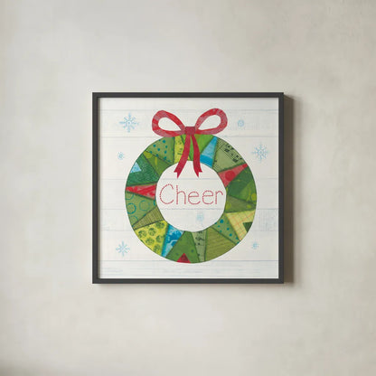 Christmas Patchwork III by Courtney Prahl. Shown in a sleek black glass frame for a contemporary gallery look. Available as an archival giclee rolled canvas, fine art paper, or poster print. SKU 38468a.