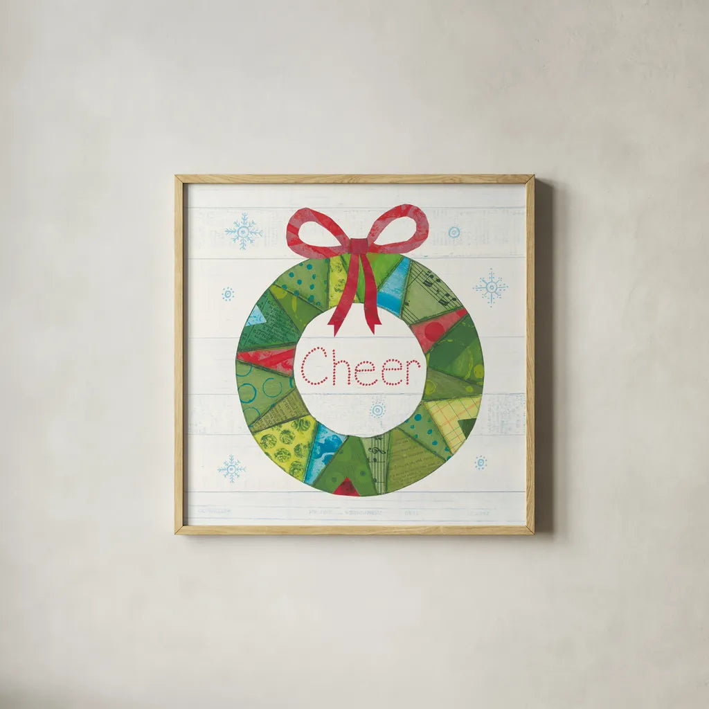 Christmas Patchwork III by Courtney Prahl. Shown in a natural wood glass frame for a timeless modern aesthetic. Available as an archival giclee rolled canvas, fine art paper, or poster print. SKU 38468a.