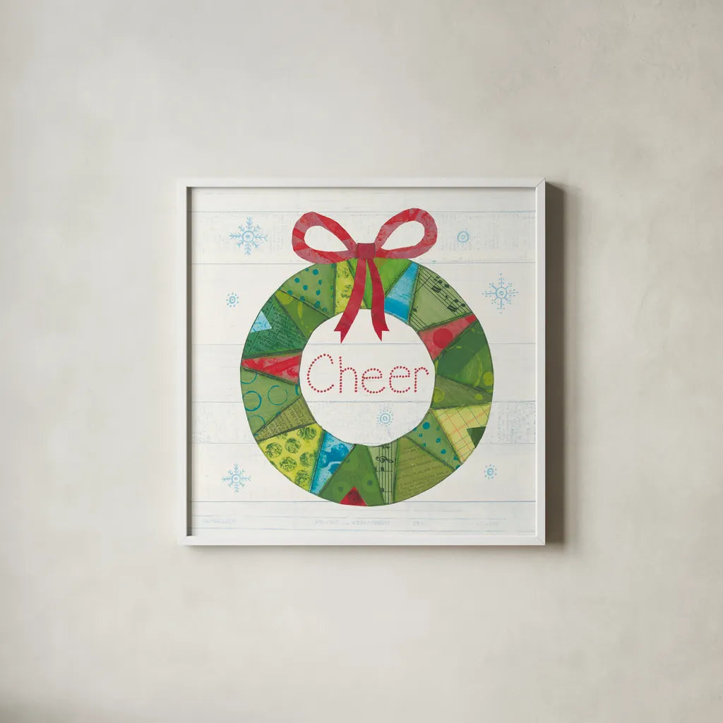 Christmas Patchwork III by Courtney Prahl. Shown in a crisp white glass frame for a clean and minimalist style. Available as an archival giclee rolled canvas, fine art paper, or poster print. SKU 38468a.