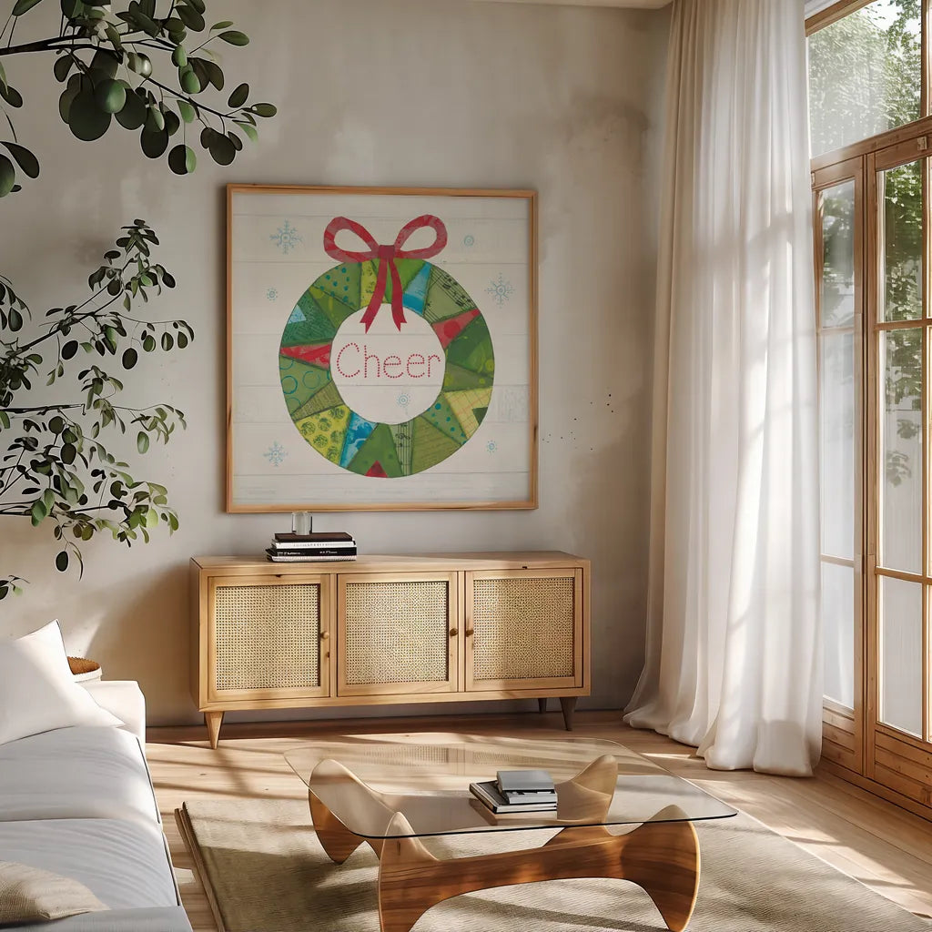 Christmas Patchwork III by Courtney Prahl. Shown in a natural wood frame in a cozy modern living room. Available as an archival giclee rolled canvas, fine art paper, or poster print. SKU 38468a.