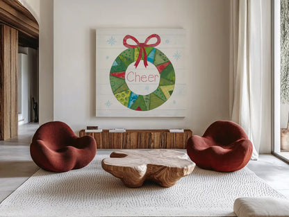 Christmas Patchwork III by Courtney Prahl. Shown as extra-large giant wall art in a modern living room. Available as an archival giclee rolled canvas, fine art paper, or poster print. SKU 38468a.