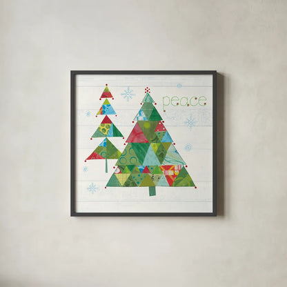 Christmas Patchwork IV by Courtney Prahl. Shown in a sleek black glass frame for a contemporary gallery look. Available as an archival giclee rolled canvas, fine art paper, or poster print. SKU 38469a.