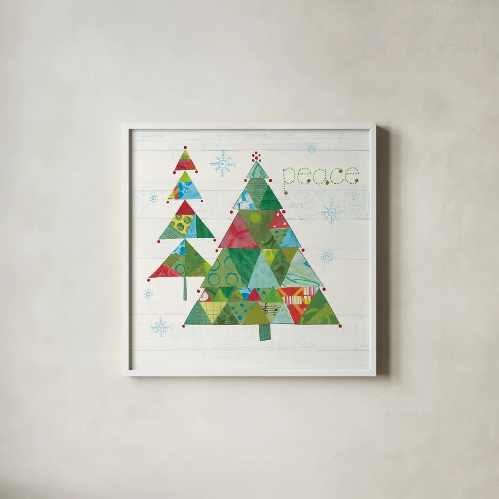 Christmas Patchwork IV by Courtney Prahl. Shown in a crisp white glass frame for a clean and minimalist style. Available as an archival giclee rolled canvas, fine art paper, or poster print. SKU 38469a.