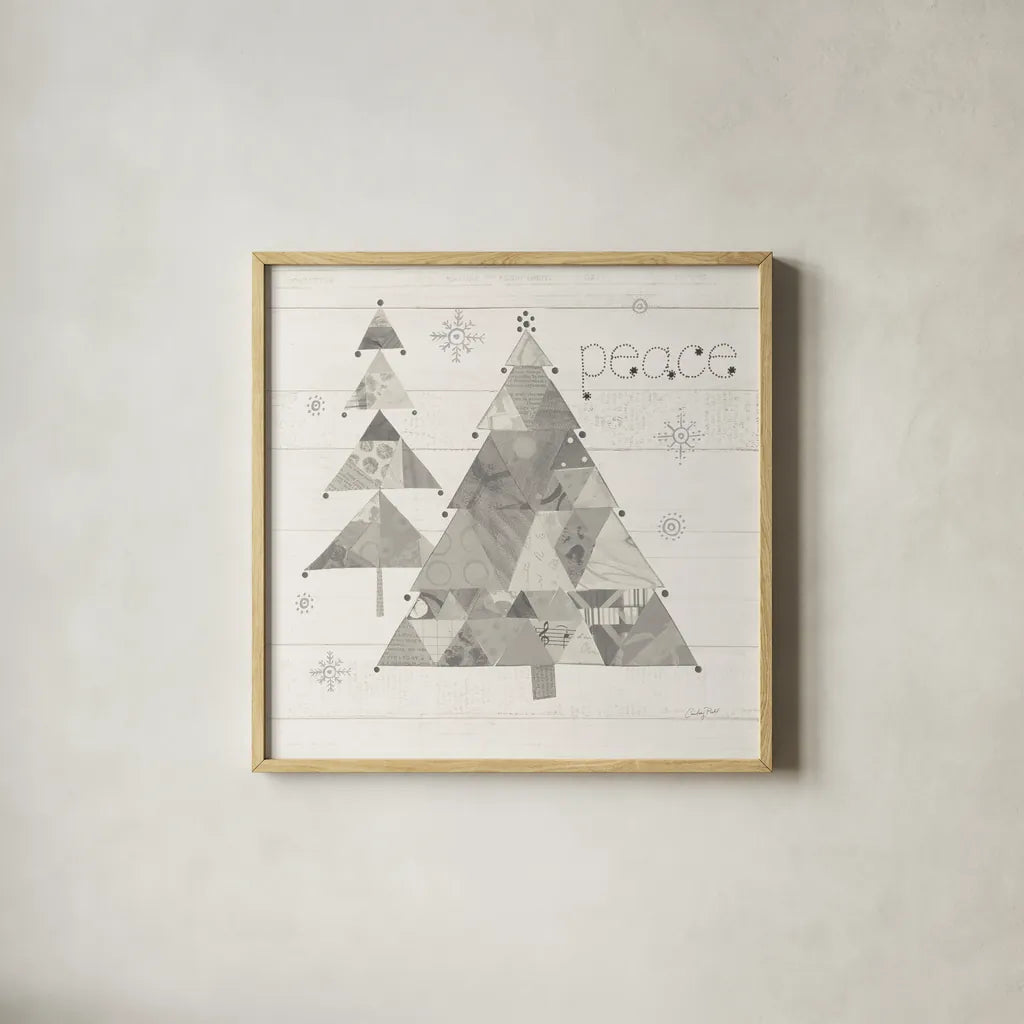 Christmas Patchwork IV Neutral by Courtney Prahl. Shown in a natural wood glass frame for a timeless modern aesthetic. Available as an archival giclee rolled canvas, fine art paper, or poster print. SKU 39814a.