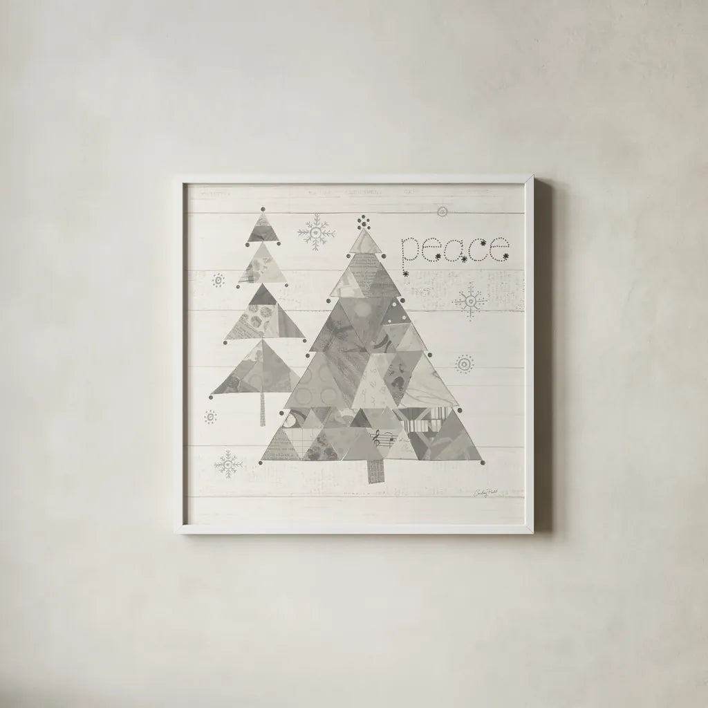 Christmas Patchwork IV Neutral by Courtney Prahl. Shown in a crisp white glass frame for a clean and minimalist style. Available as an archival giclee rolled canvas, fine art paper, or poster print. SKU 39814a.